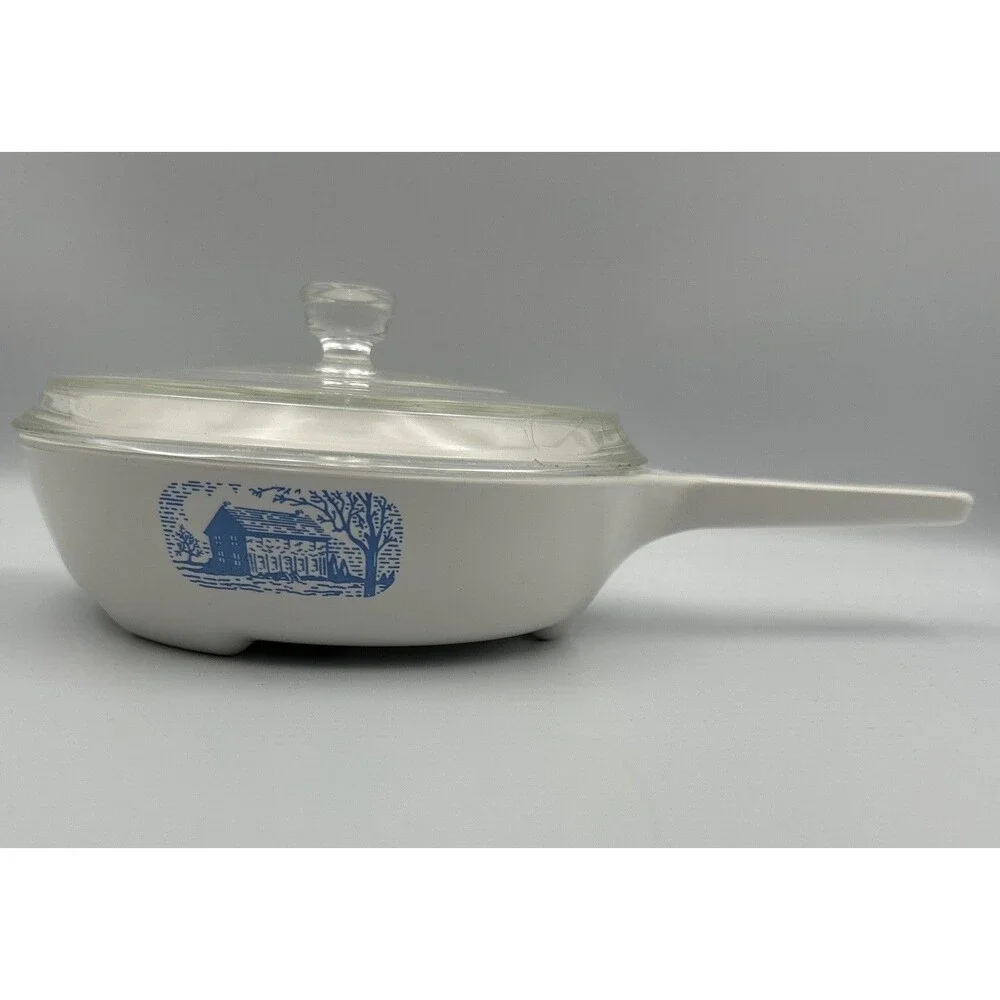 Corning Amana Radarange White/Blue Colonial House Browning Skillet w/Lid Vintage